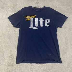 Miller Lite Shirt Womens Medium Blue White Yellow Logo Short Sleeve Tee Cotton